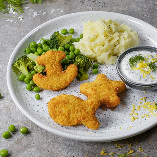 Fiskfigurer med mos, ärter & citronsås