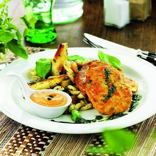 Morotsmedaljong med rotfruktssallad och tomat och vitlöksdipp